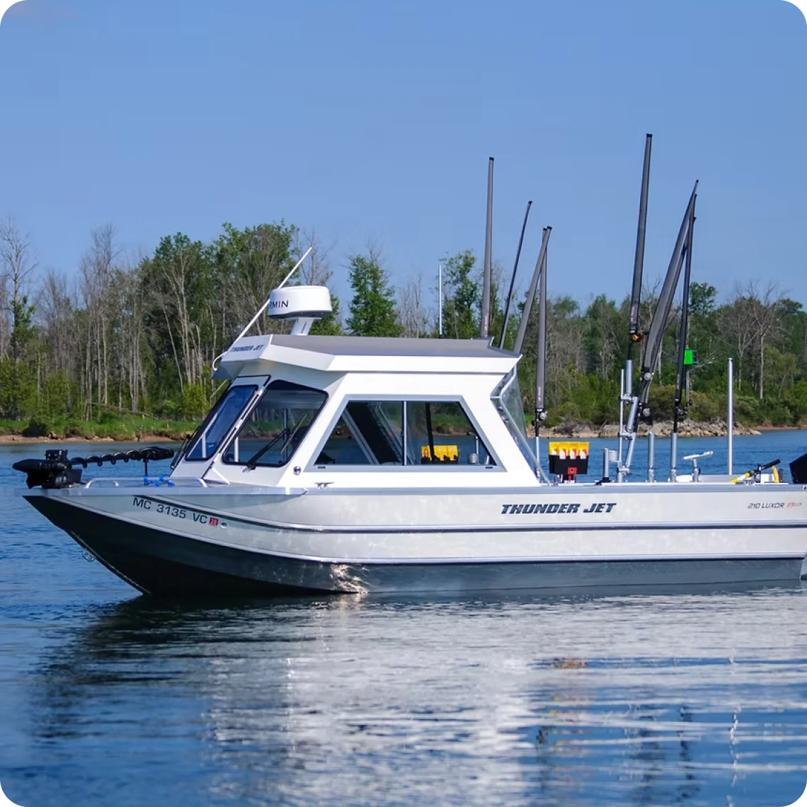 Recreational boat with fishing rods